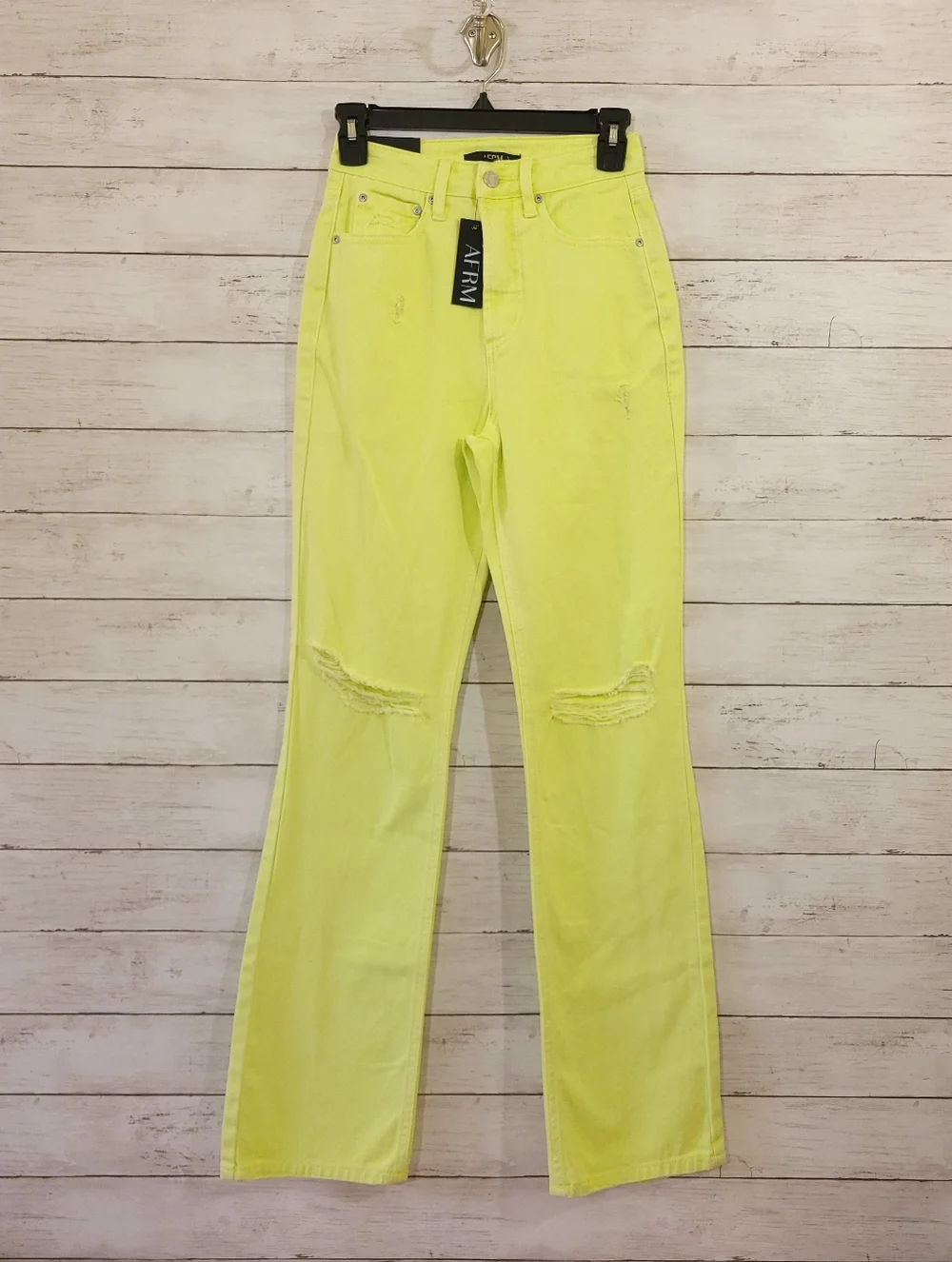 AFRM Oden High Rise Wide‎ Leg Jeans Faded Neon Yellow Distressed Size 24 NWT